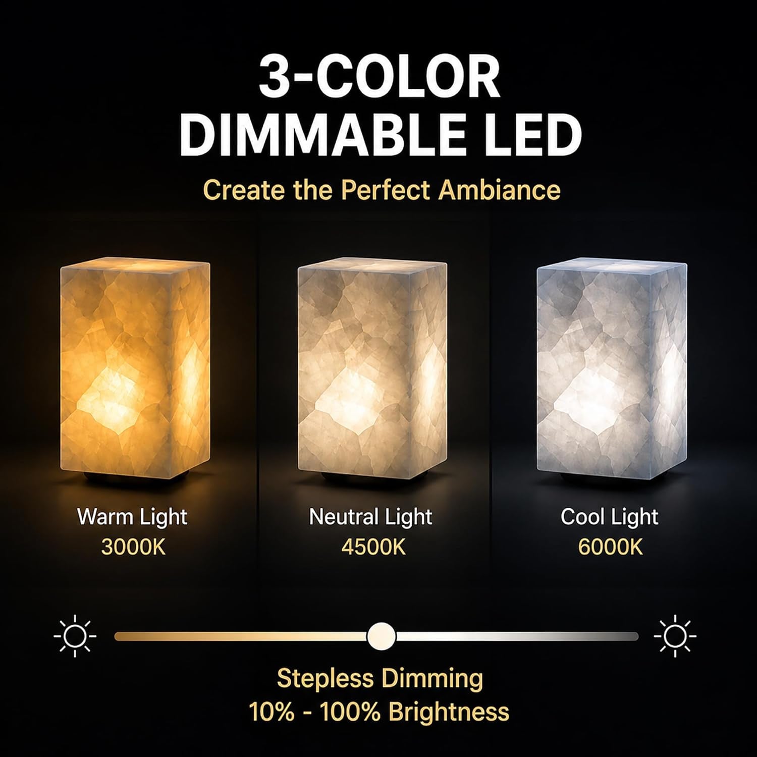 Natural Solid Stone Table Lamp with One-Of-A-Kind Crystal Texture, Small Accent Lamp with 3 Colors Dimmable LED, Unique Lamp for Bedroom Living Room, Cuboid White