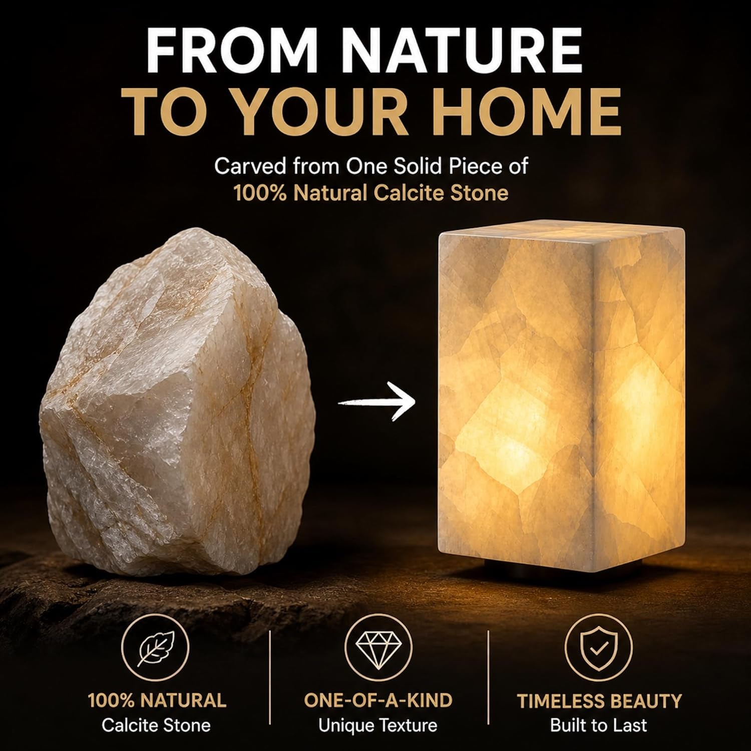 Natural Solid Stone Table Lamp with One-Of-A-Kind Crystal Texture, Small Accent Lamp with 3 Colors Dimmable LED, Unique Lamp for Bedroom Living Room, Cuboid White